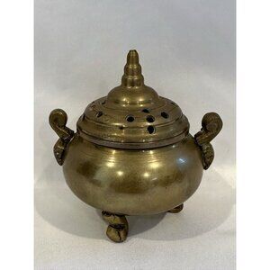 Small Vintage Chinese Solid Heavy Brass Tripod Incense Burner